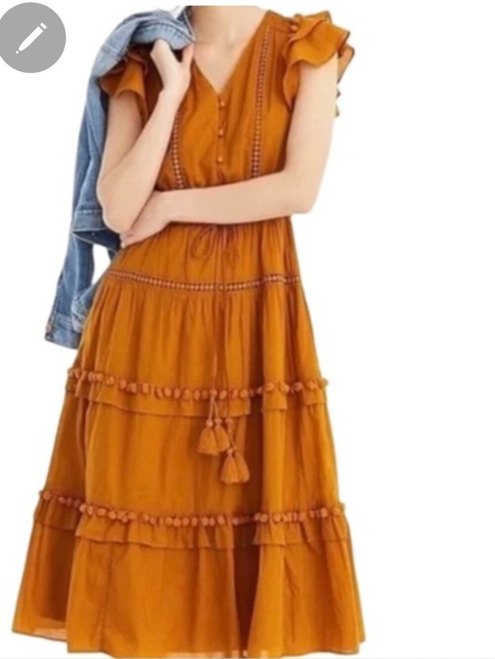 Women's Mustard Tiered Midi Dress with Tassel Tie Sz 4
